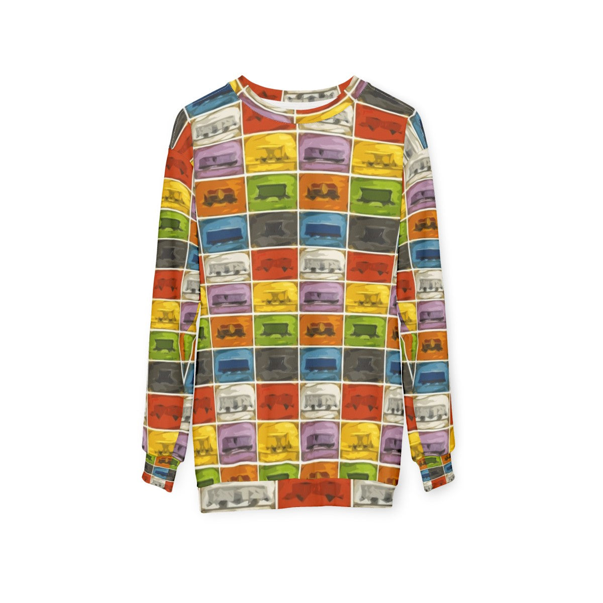 Retro board game lover wearing a Ticket to Ride-themed sweatshirt - hanging