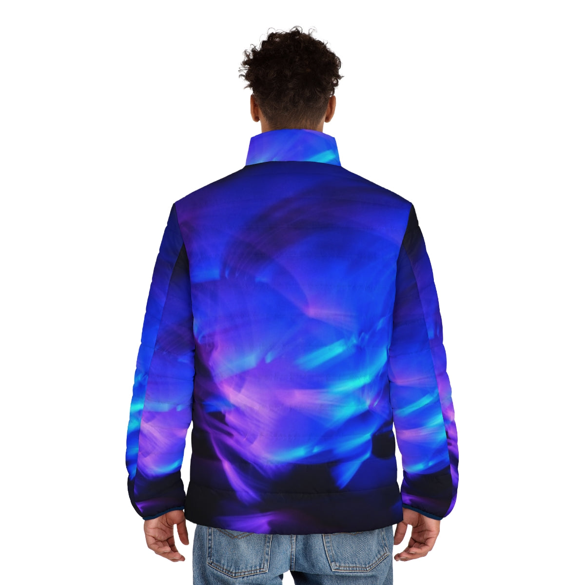 Glowstick Party Puffer Jacket with Vibrant Blue and Black Swirling Lights - men back