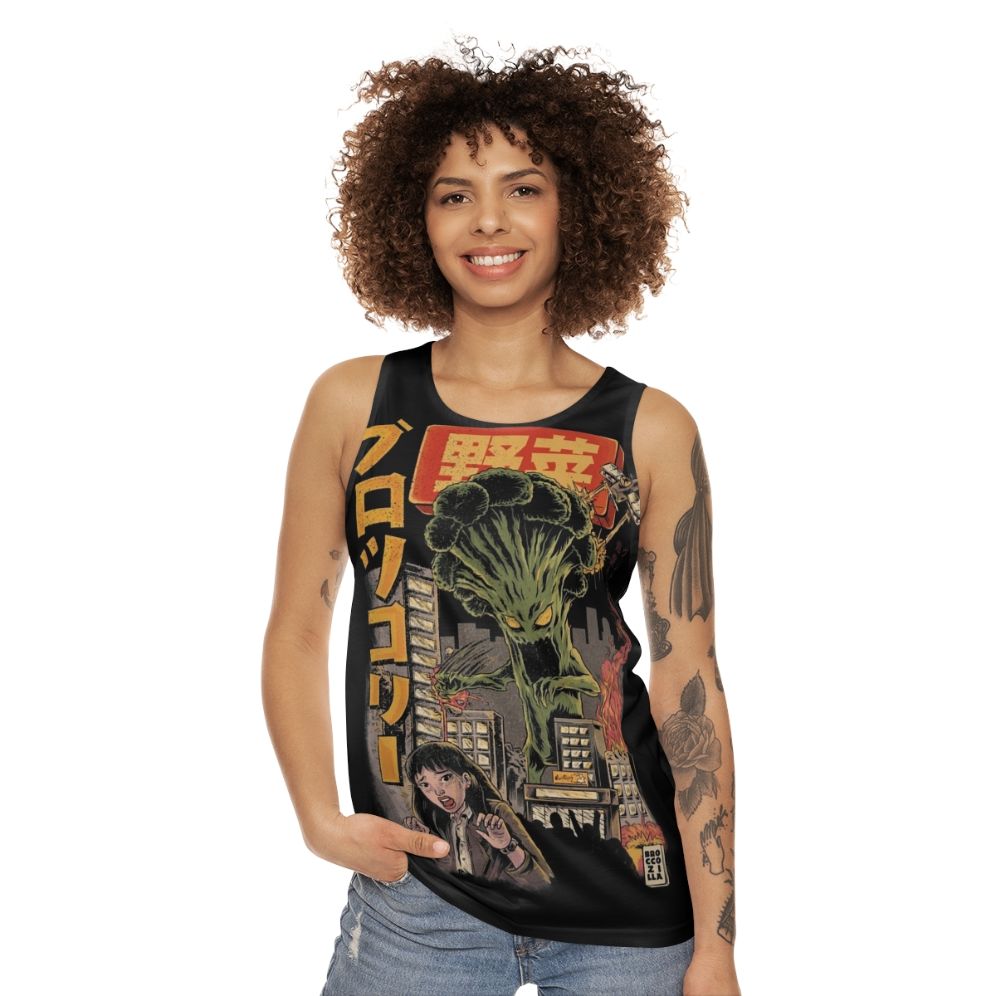 Unisex anime broccoli tank top with retro Broccozilla horror design - women