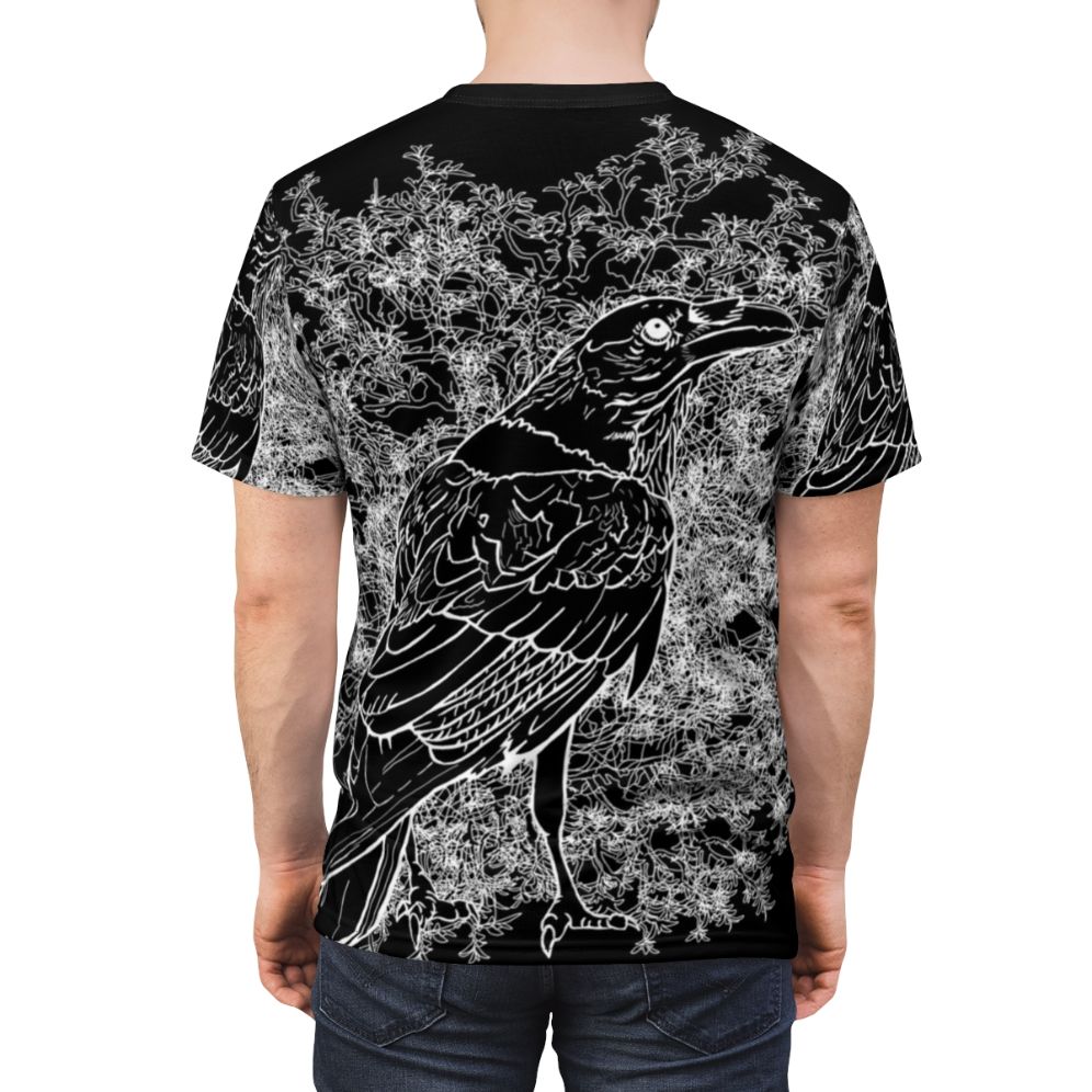 Stylish t-shirt featuring a bold raven graphic in a dark, gothic design. - men back