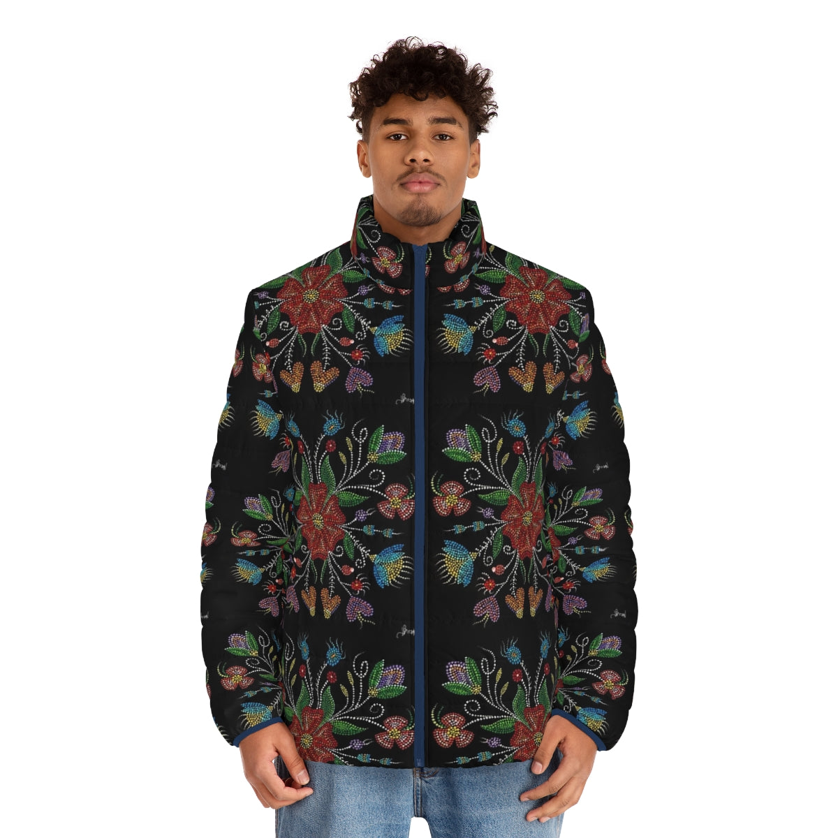 Metis inspired puffer jacket with intricate beadwork design - men front