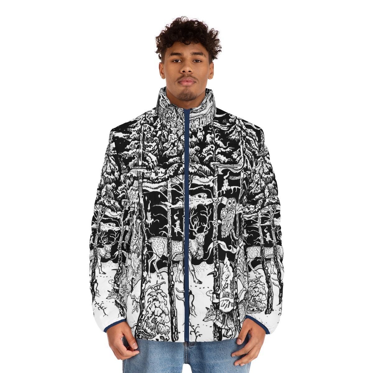 A warm and stylish puffer jacket featuring a winter forest scene with animals like deer, fox, and owl. - men front