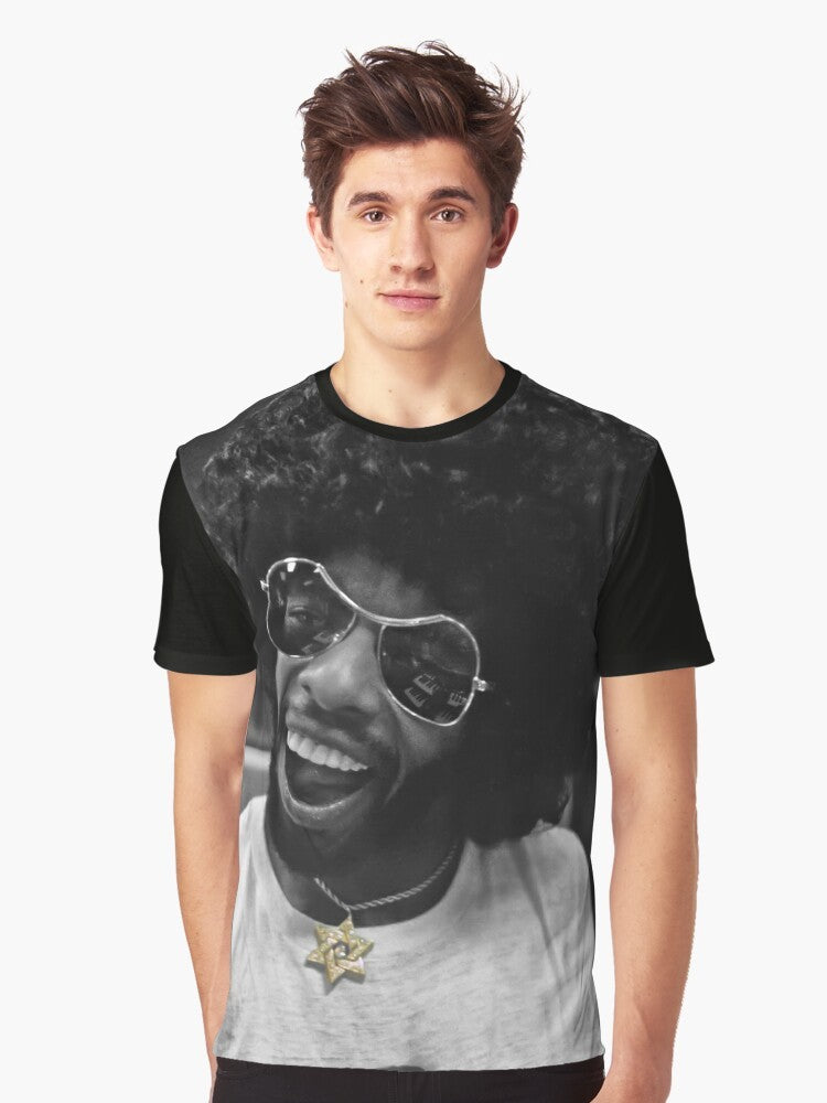 Black and white graphic t-shirt with Sly Stone and a recording studio scene - Men