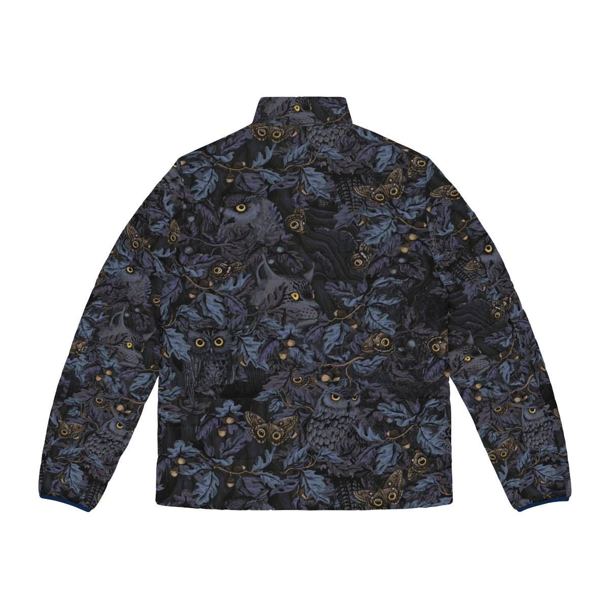 Model wearing a moonlight blue puffer jacket with a stylish camouflage pattern - Back