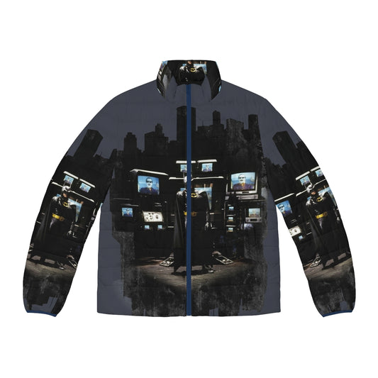 Batman Gotham City Puffer Jacket with city skyline and superhero silhouette