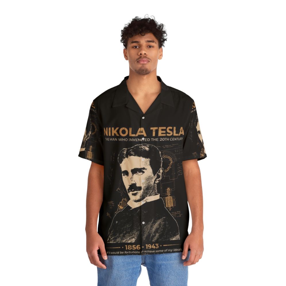 Nikola Tesla Hawaiian Shirt featuring scientific elements and futuristic pop art design - People Front