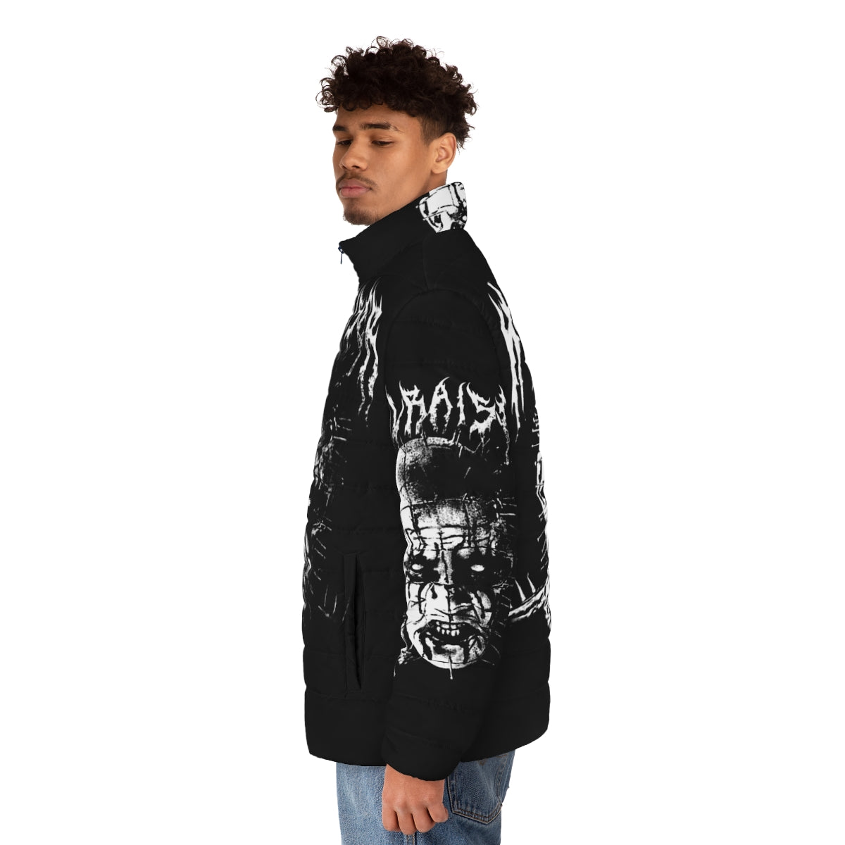 Black Metal Pinhead Puffer Jacket featuring Hellraiser inspired design - men side left