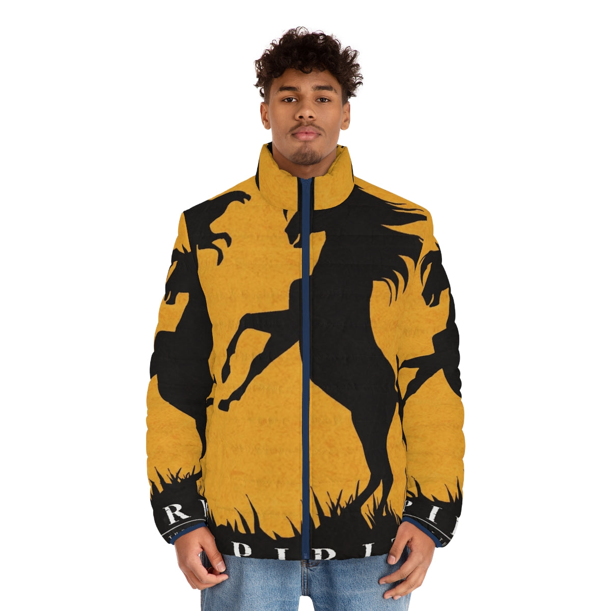 Spirit Stallion of the Cimarron minimalist puffer jacket with horse silhouette design - men front