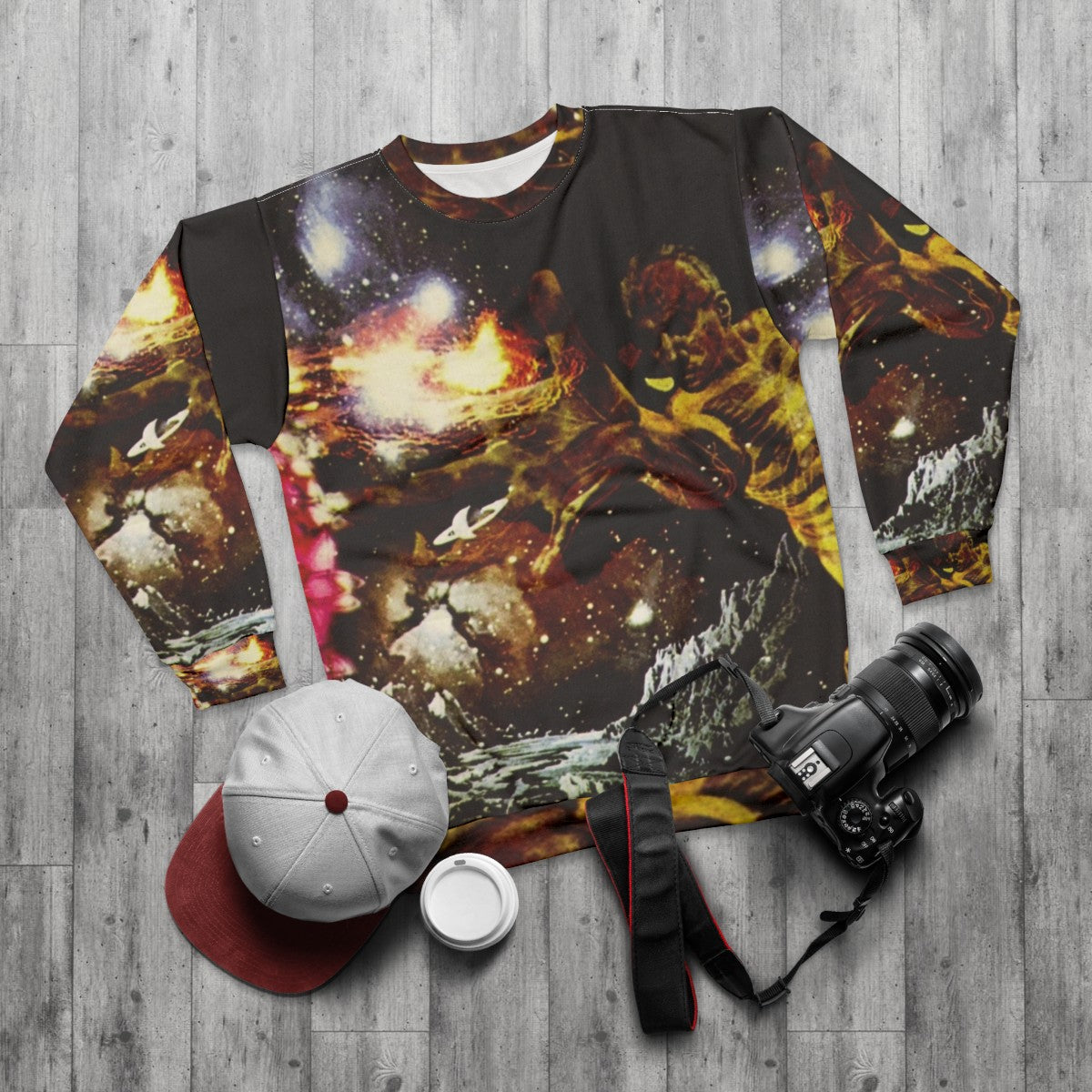 Santana III Classic Rock Sweatshirt featuring iconic album art - flat lay