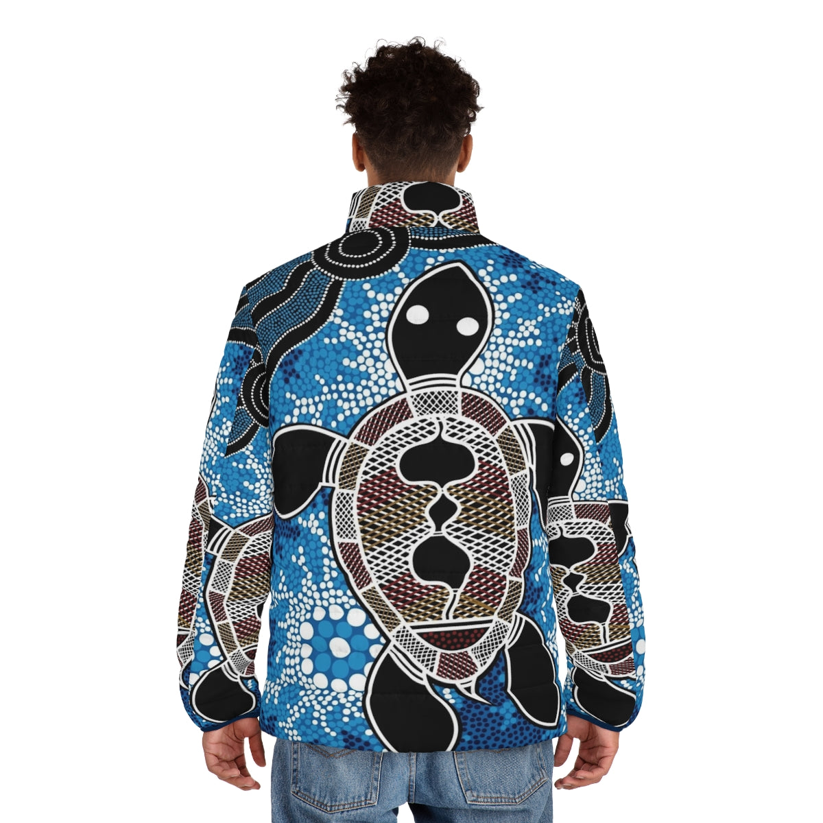 Authentic Aboriginal Art Sea Turtles Puffer Jacket, featuring indigenous Australian dreamtime art - men back