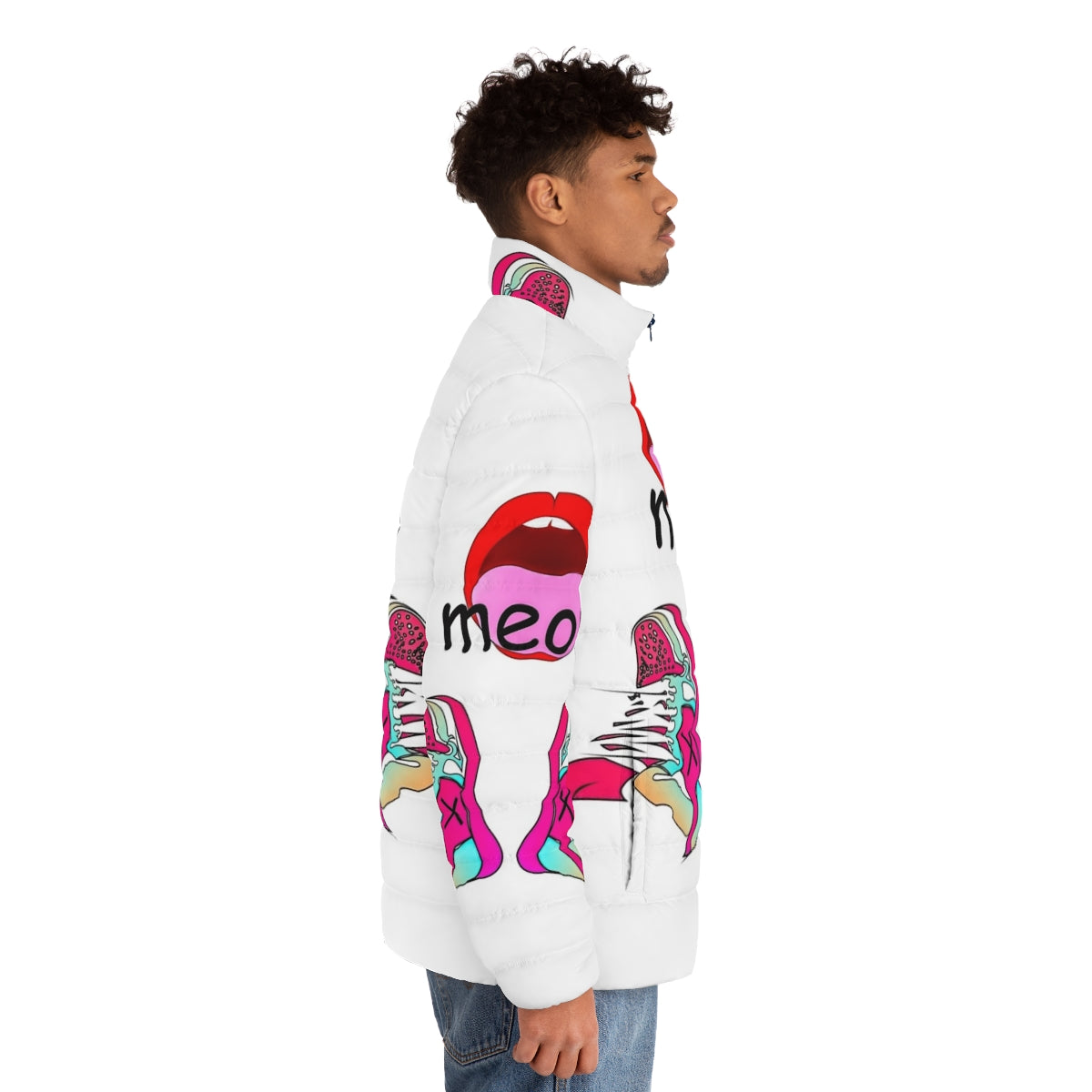 Meme puffer jacket featuring vibrant graphic design and trendy pop culture elements - men side right