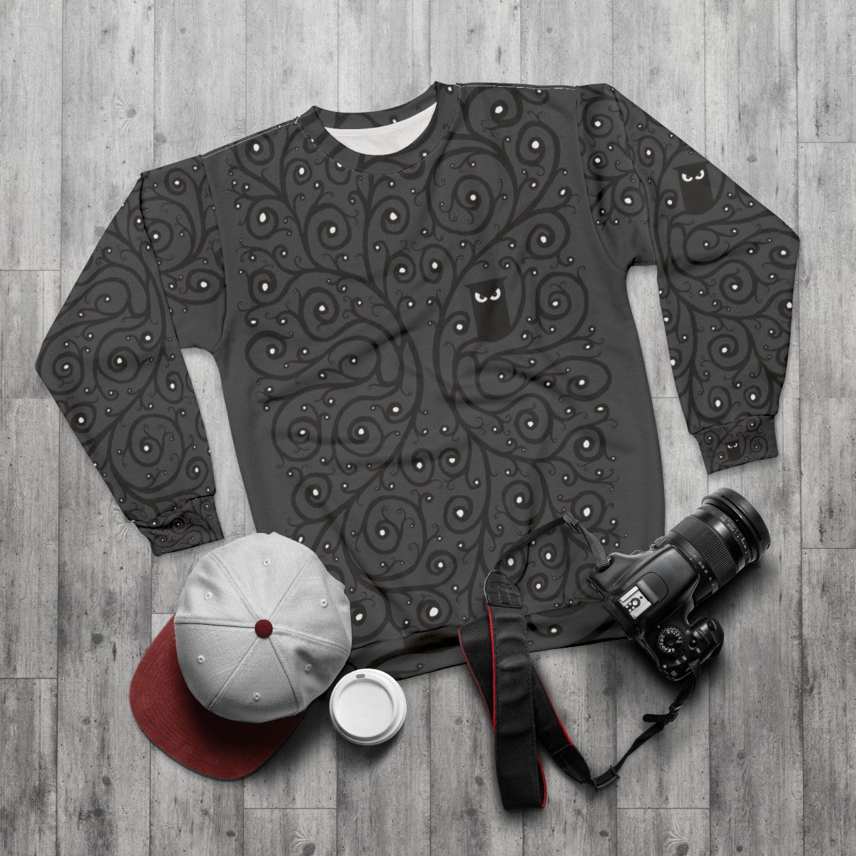 Owl Sweatshirt with Detailed Feather Pattern - flat lay