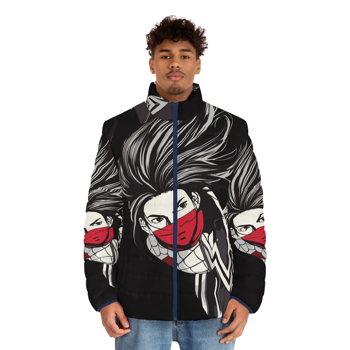 Cindy Moon inspired puffer jacket with spider-verse and superhero graphics - men front