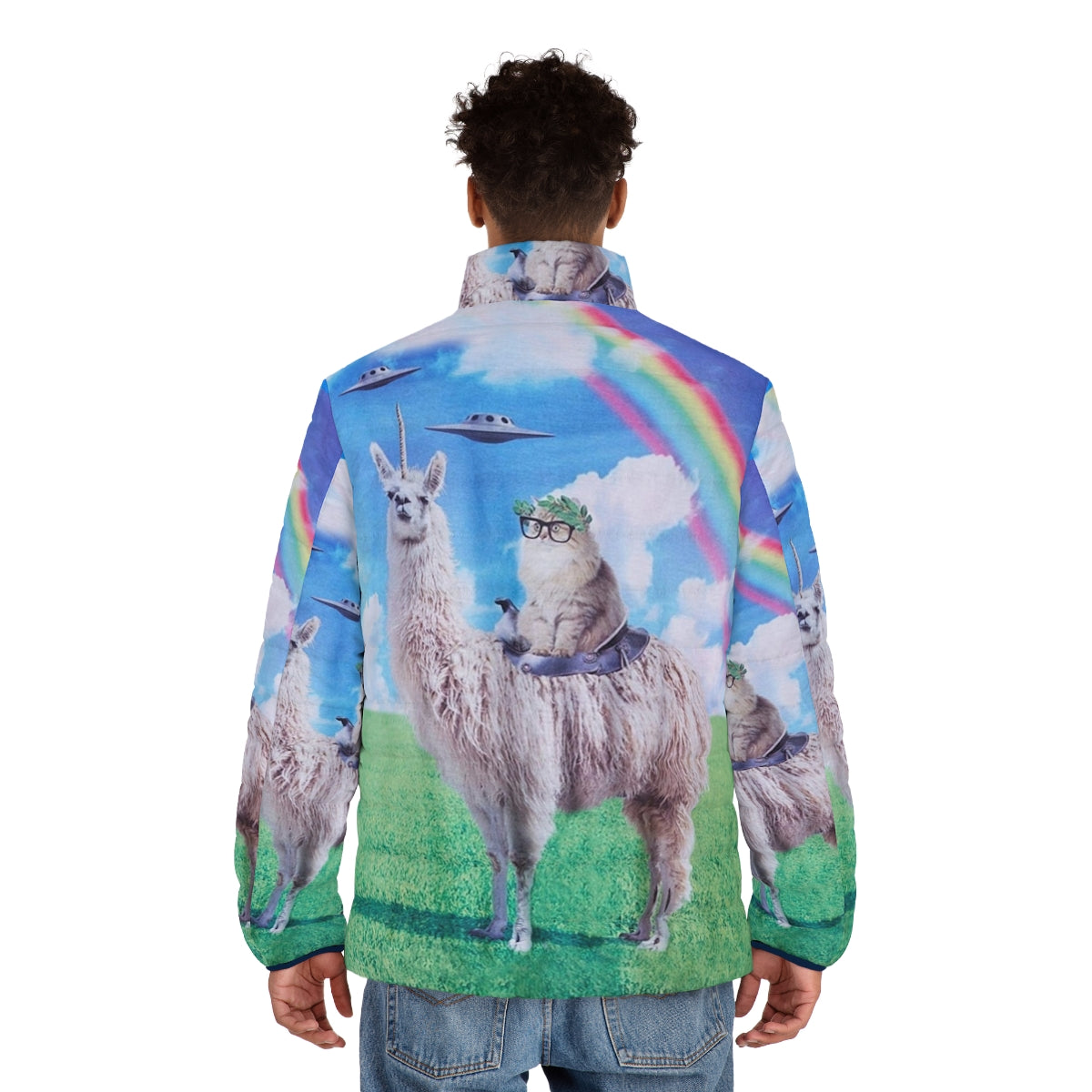 A colorful puffer jacket featuring a cat riding a llama unicorn in a space-themed design with rainbows and UFOs. - men back