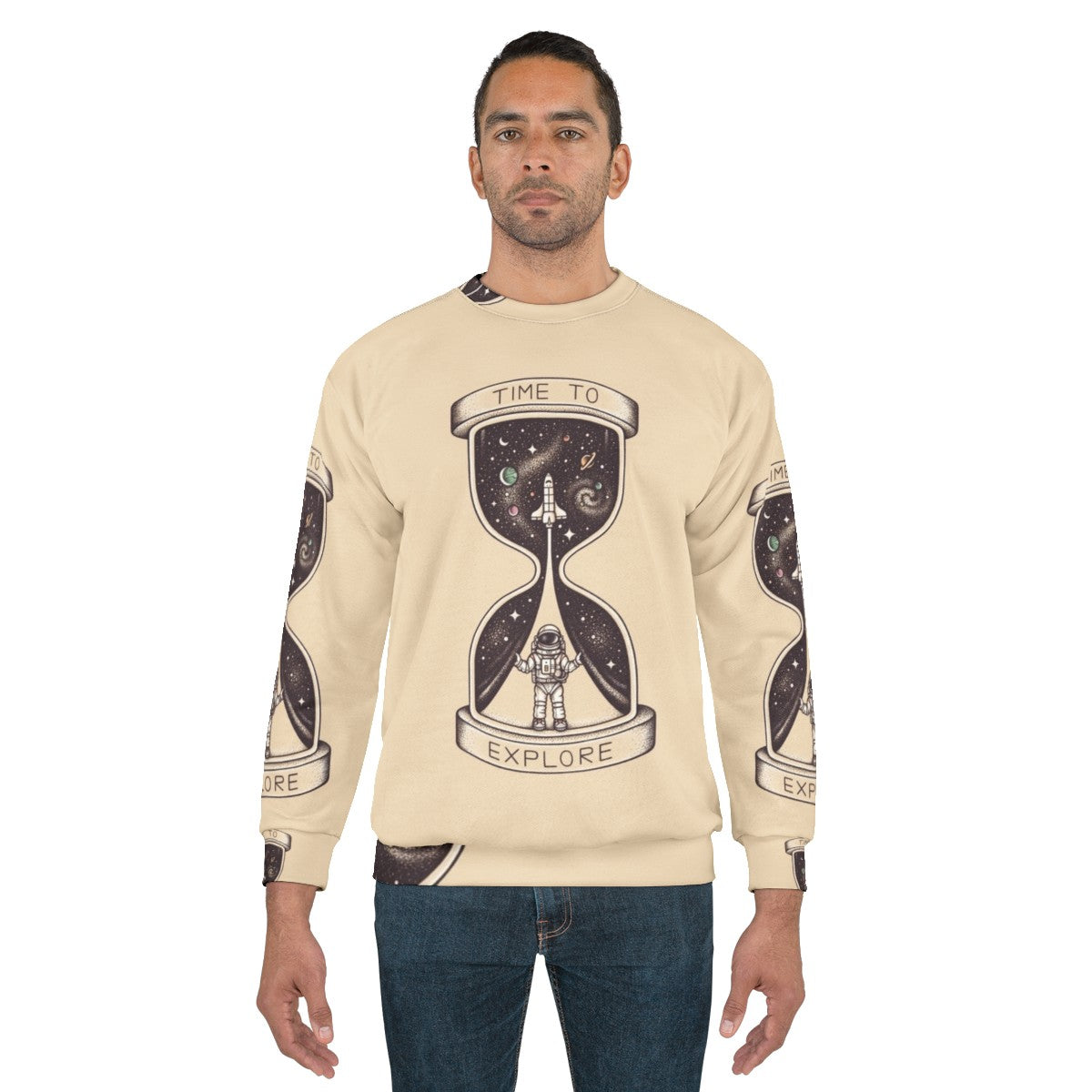 Time To Explore Sweatshirt with astronaut, galaxy, and rocket launch design - men