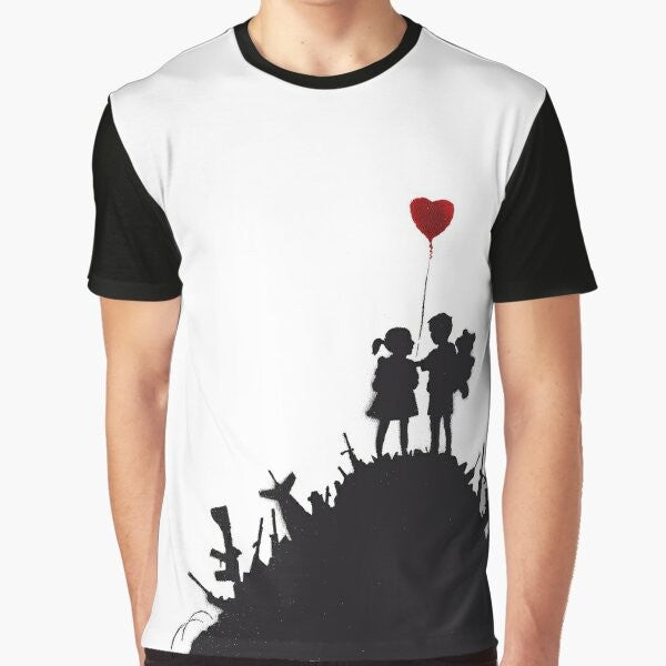 Banksy inspired graffiti artwork featuring a boy and girl holding a heart-shaped balloon on a pile of weapons.