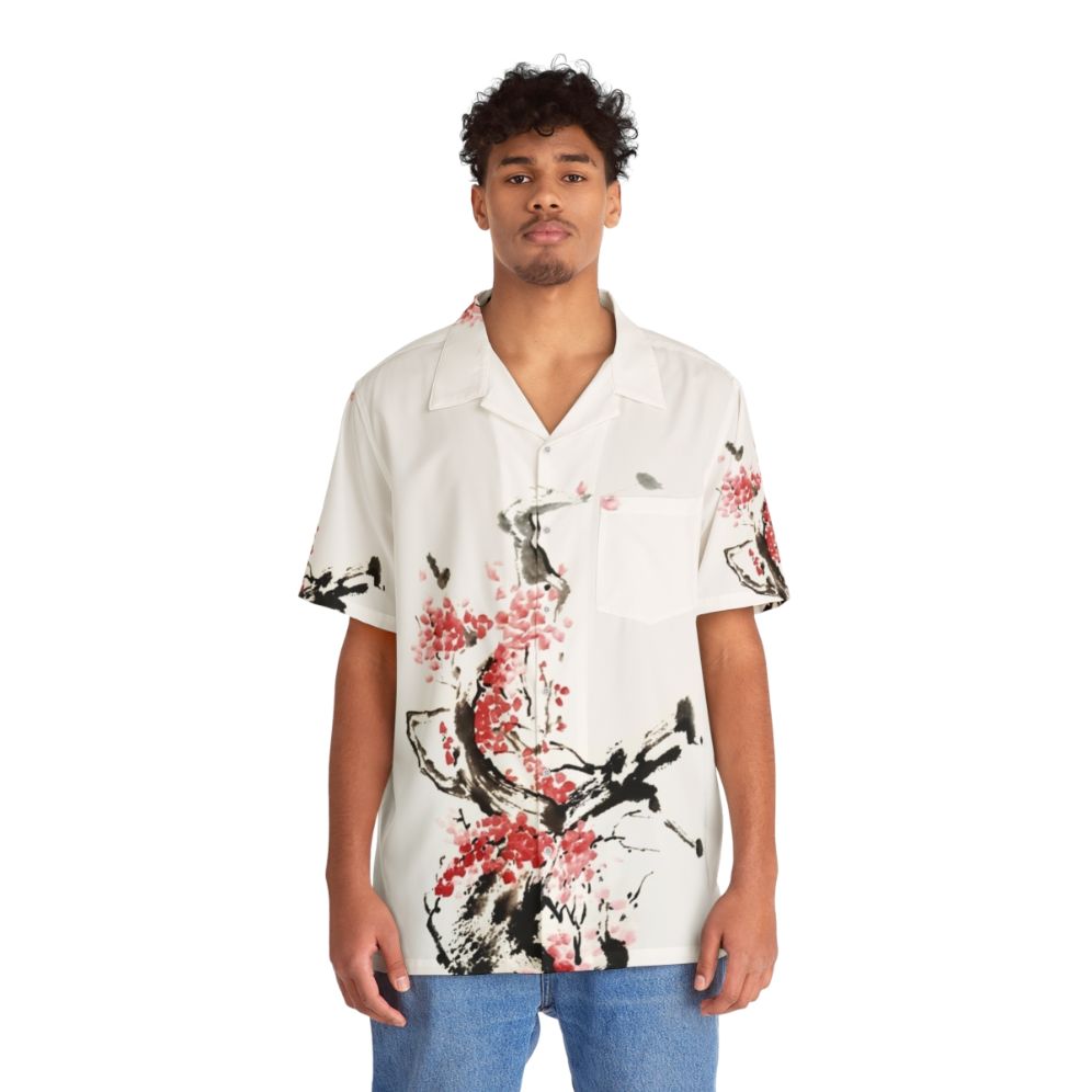 Cherry Blossom Japanese Ink Painting Hawaiian Shirt - People Front