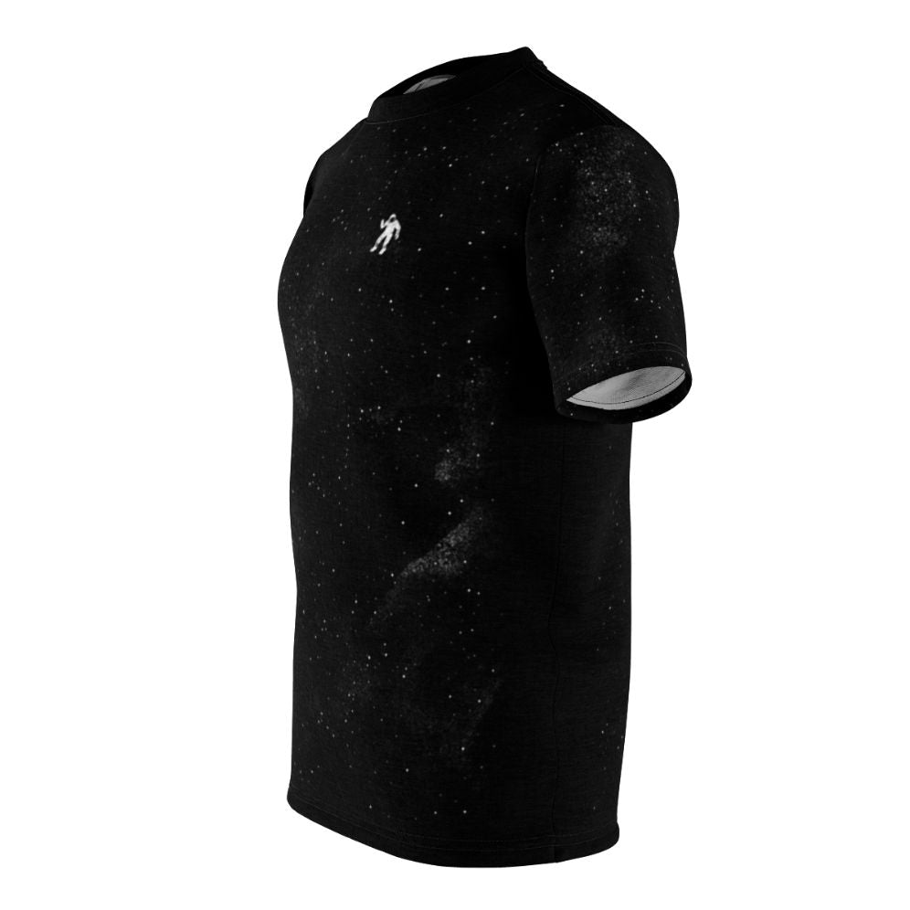 Gravity-inspired t-shirt showcasing a stunning space-themed design with cosmic elements such as stars, galaxies, and astronauts. - men left