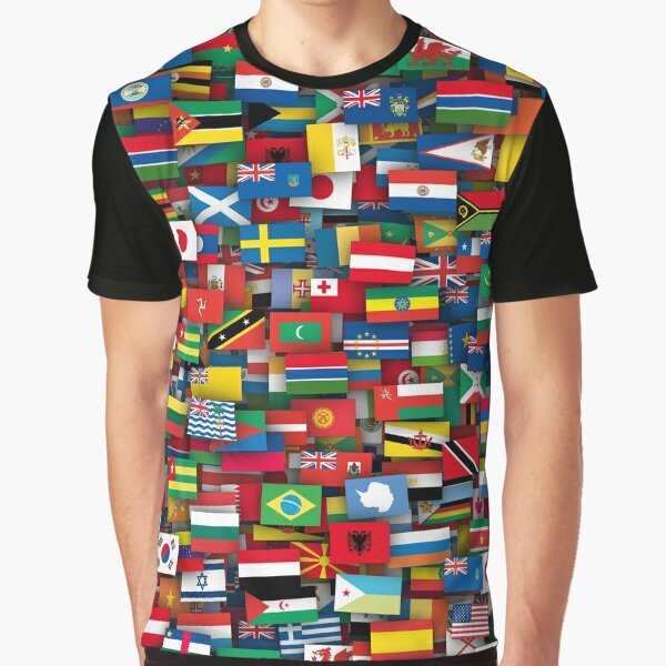 A graphic t-shirt featuring the flags of all countries in the world.