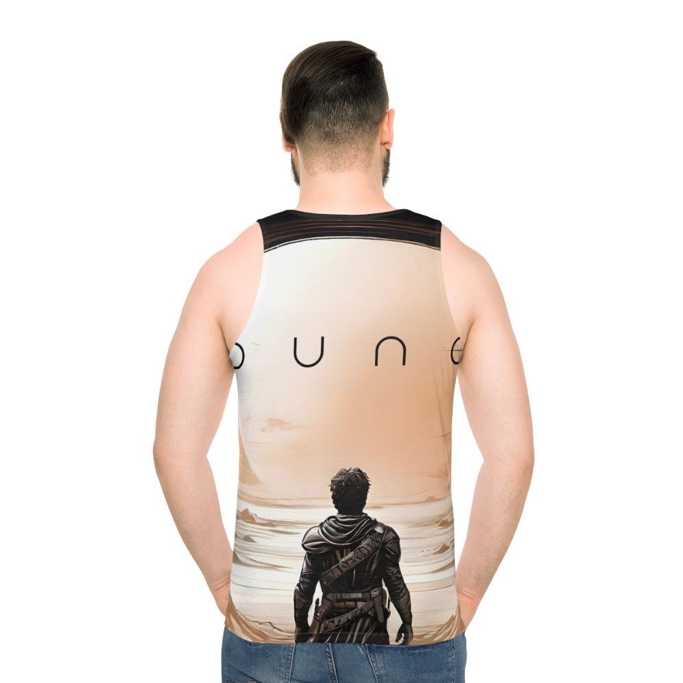 Dune Unisex Tank Top featuring the iconic desert landscape and imagery from the sci-fi classic - men back