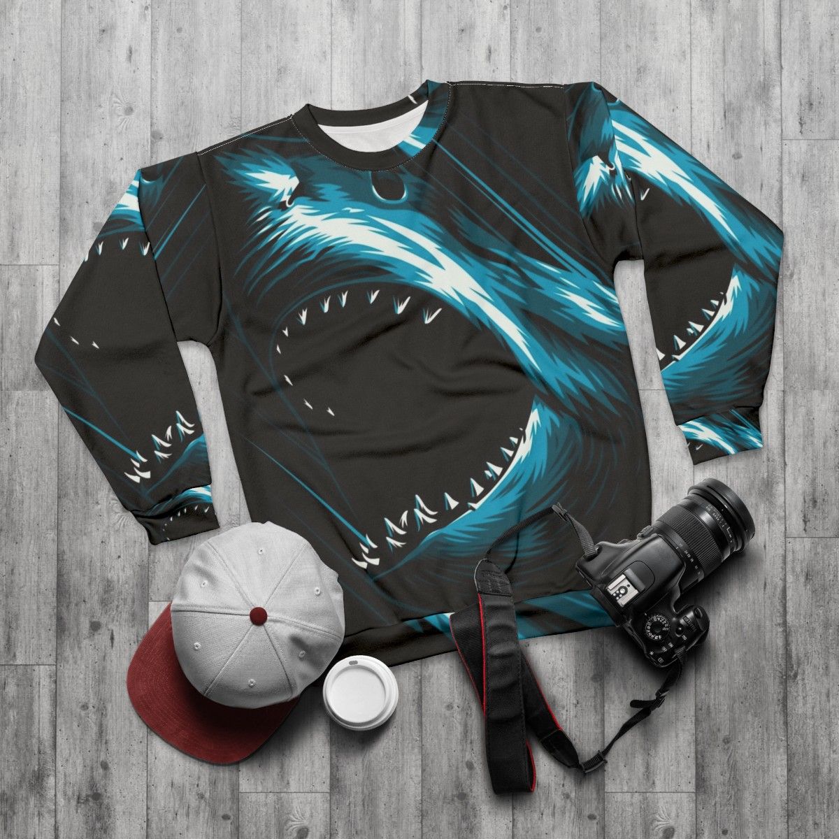 Megalodon shark sweatshirt design - flat lay