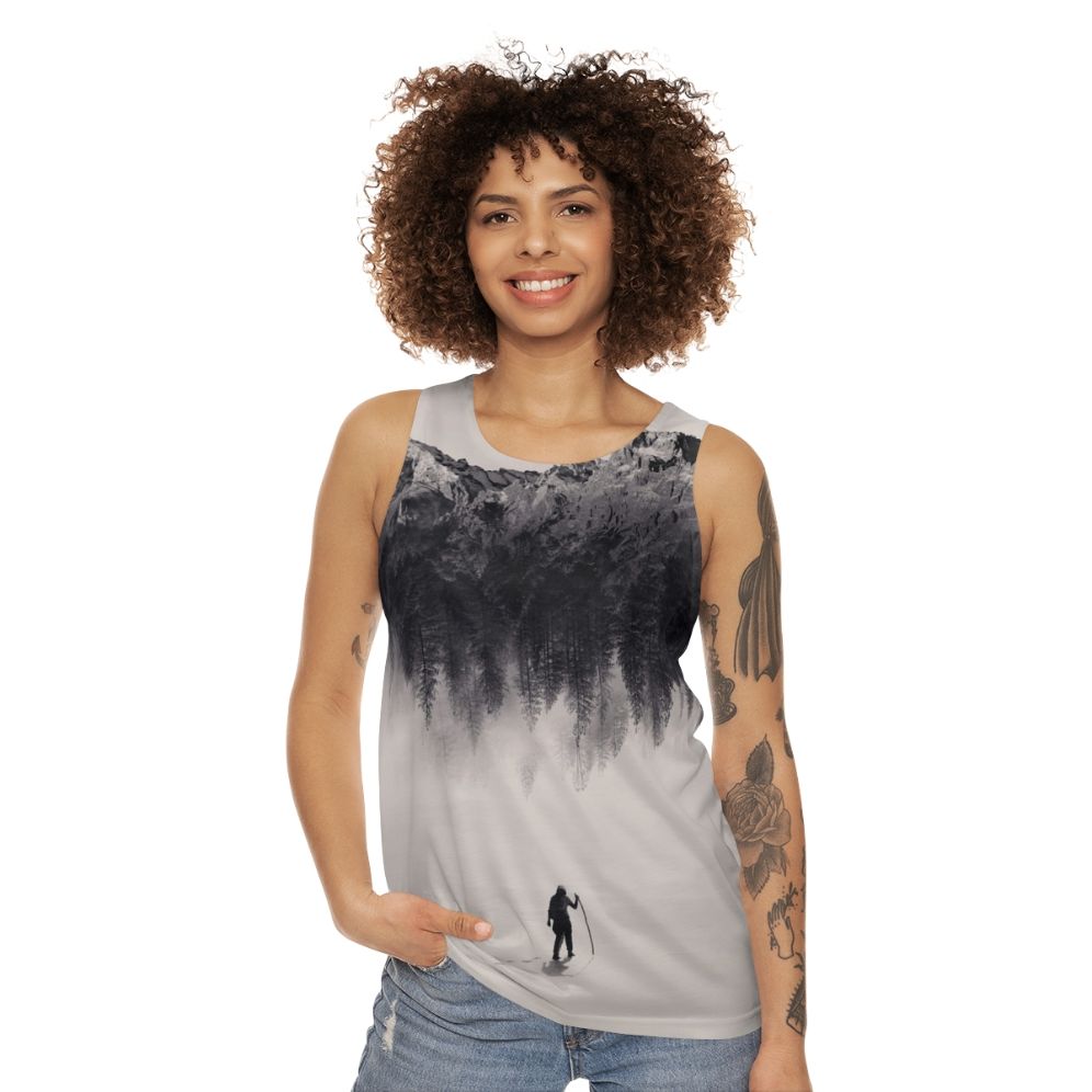 Adventurous unisex tank top featuring a nature-inspired double exposure design - women