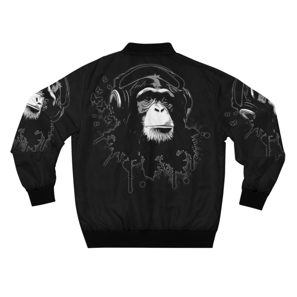 Black bomber jacket with graffiti-style monkey and butterflies design - Back