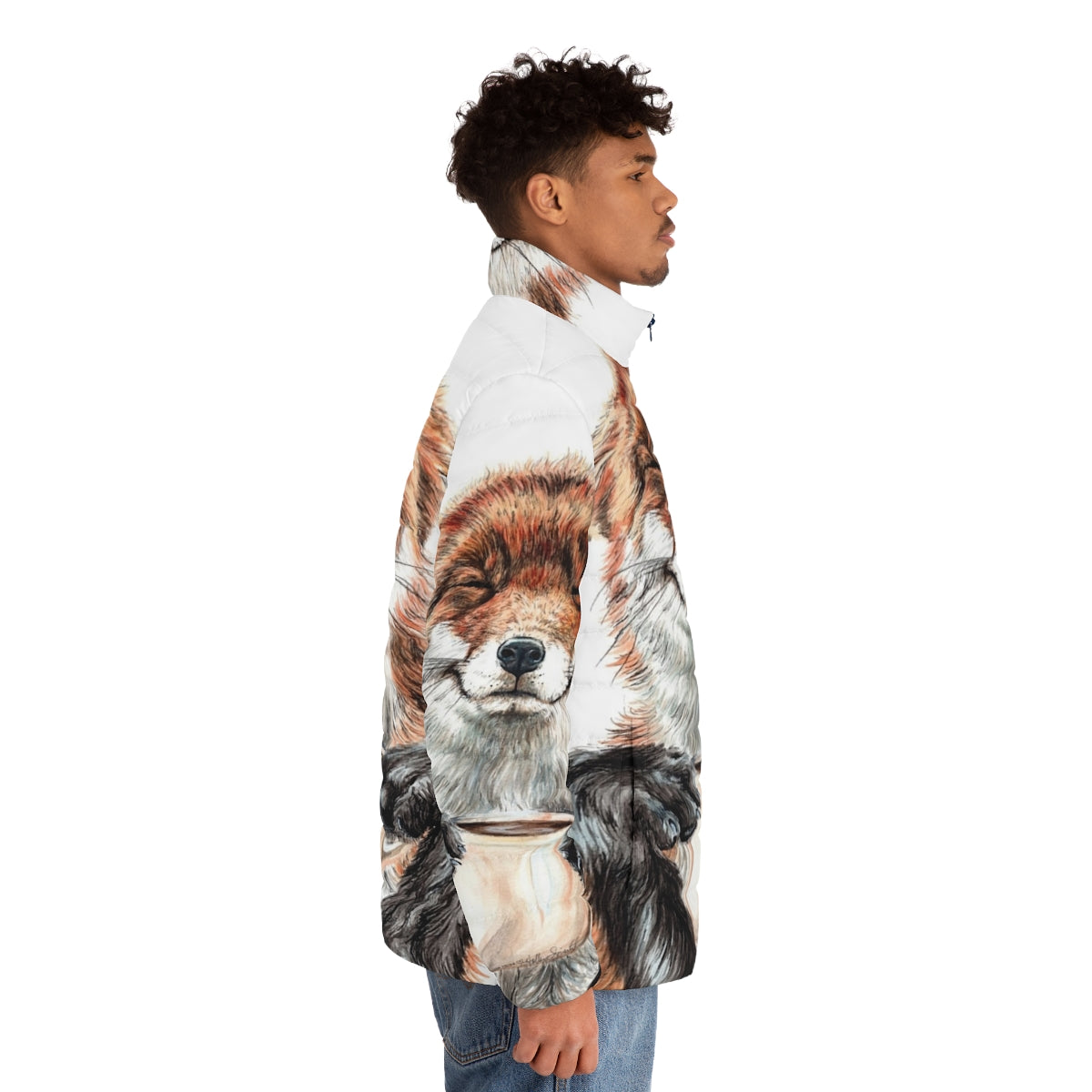 Watercolor illustration of a red fox drinking coffee on a puffer jacket - men side right