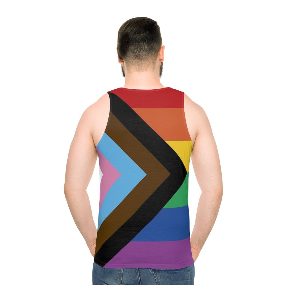 Unisex tank top with progress pride flag design - men back