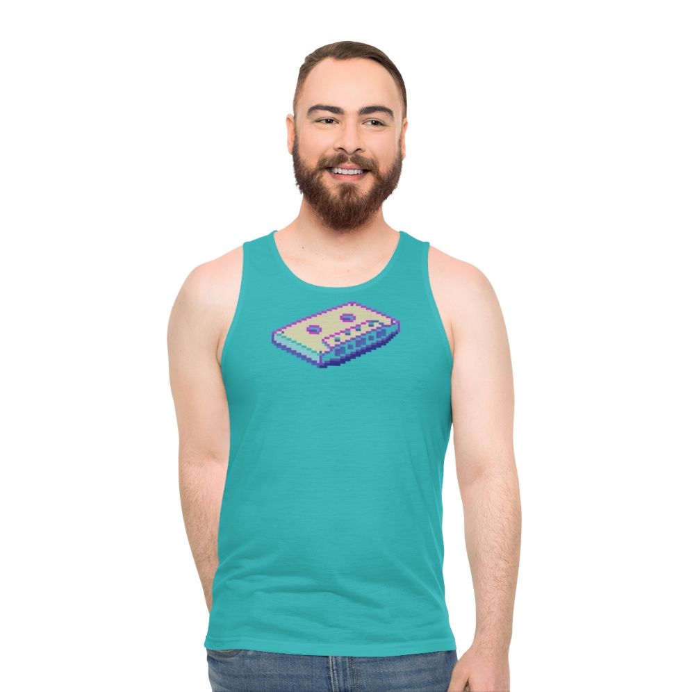 Retro vaporwave cassette unisex tank top with pixel art design - men