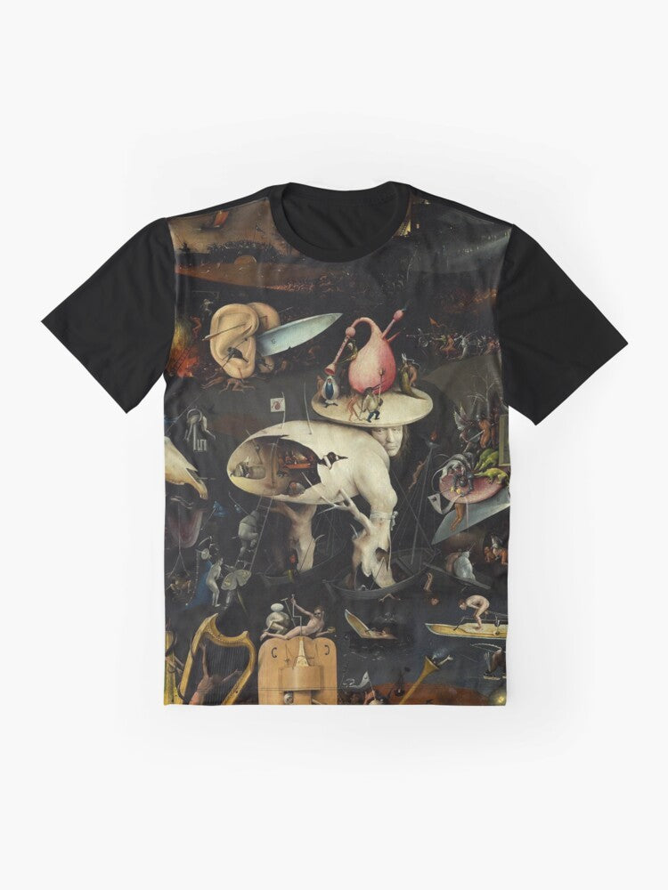 Hieronymus Bosch surreal "Hell" graphic t-shirt featuring fantastical and bizarre elements from the artist's famous painting. - Flat lay