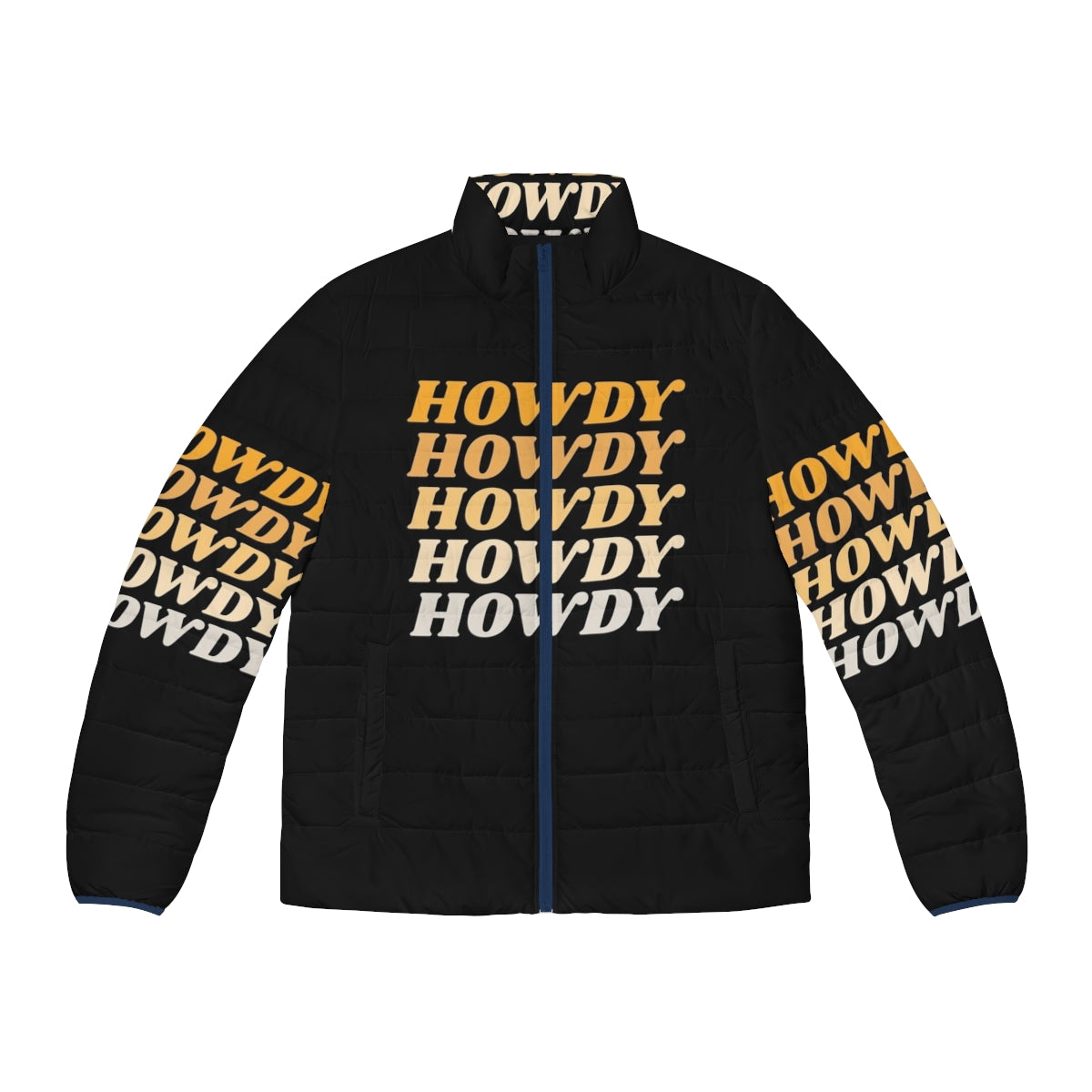 A warm and stylish howdy howdy howdy puffer jacket with a western-inspired design.