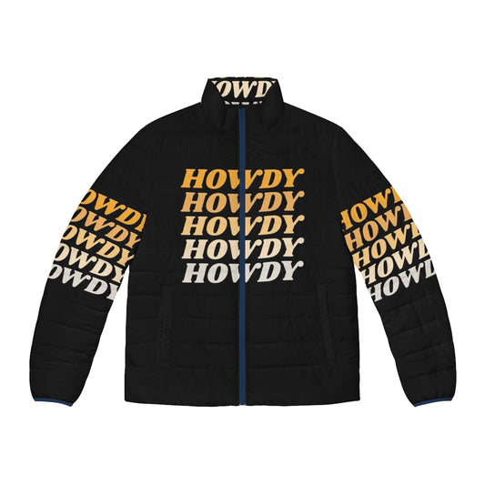 A warm and stylish howdy howdy howdy puffer jacket with a western-inspired design.