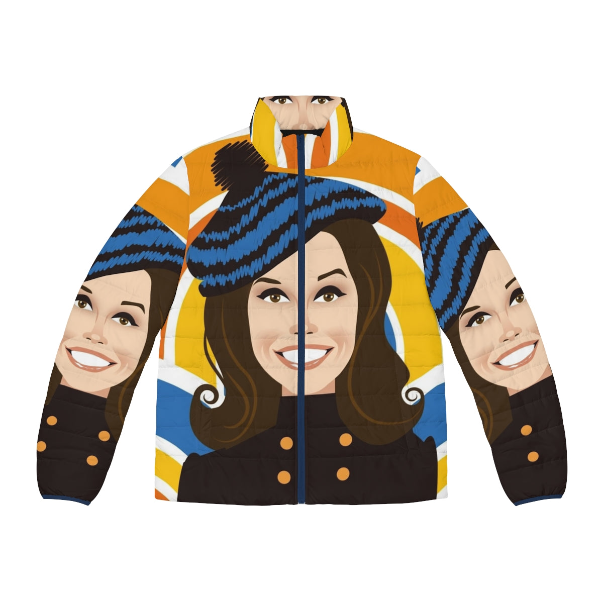 Mary Tyler Moore wearing a puffer jacket with Alejandro Mogollo art