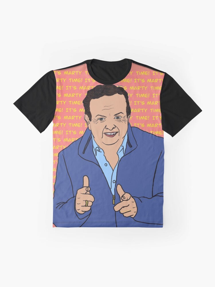 Marty Morrissey Party Graphic T-Shirt - Celebrate the iconic Irish sports presenter with this colorful and humorous design - Flat lay