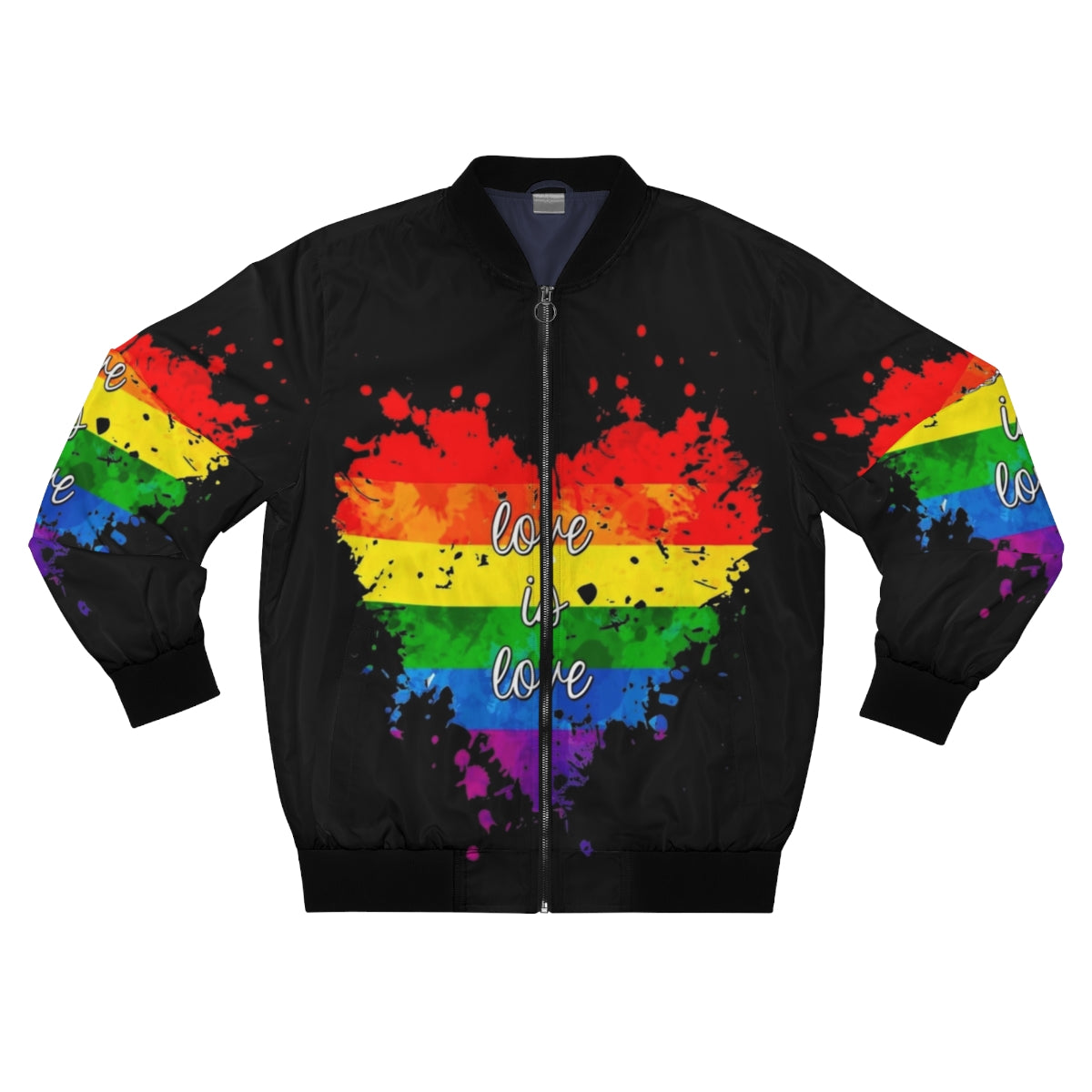 Rainbow-colored "Love Is Love" bomber jacket with a heart design