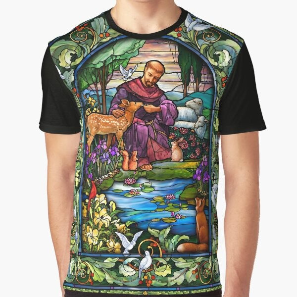 Eco-friendly St. Francis stained glass graphic t-shirt with decorative border and animals