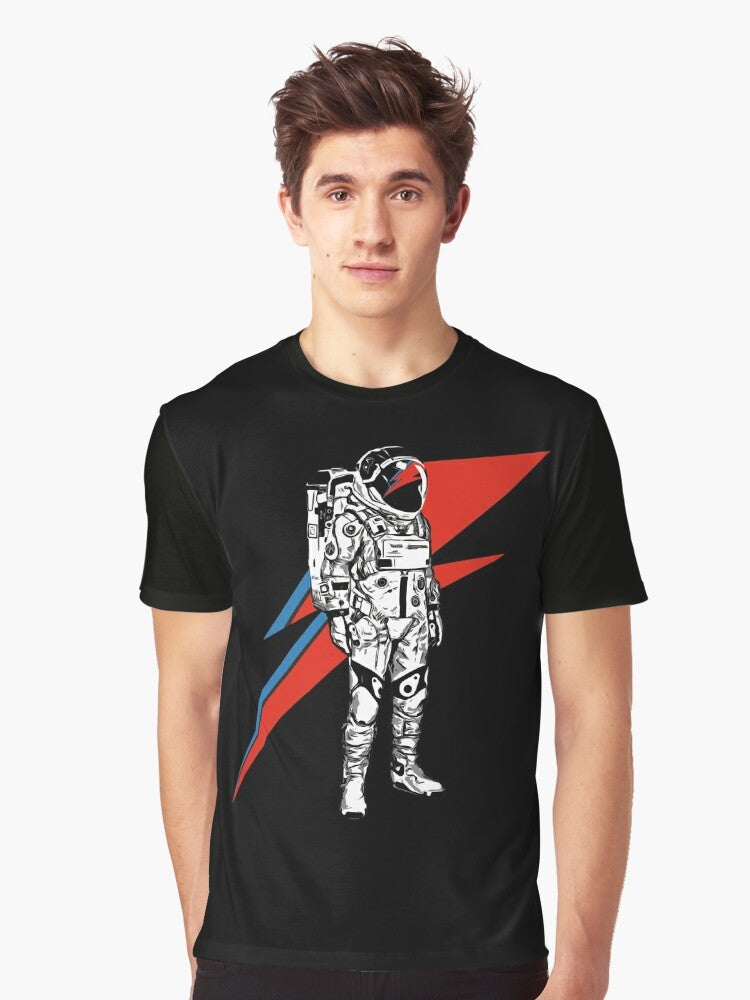 David Bowie music legend graphic t-shirt featuring iconic Bowie imagery like Ziggy Stardust, Starman, and Aladdin Sane. - Men