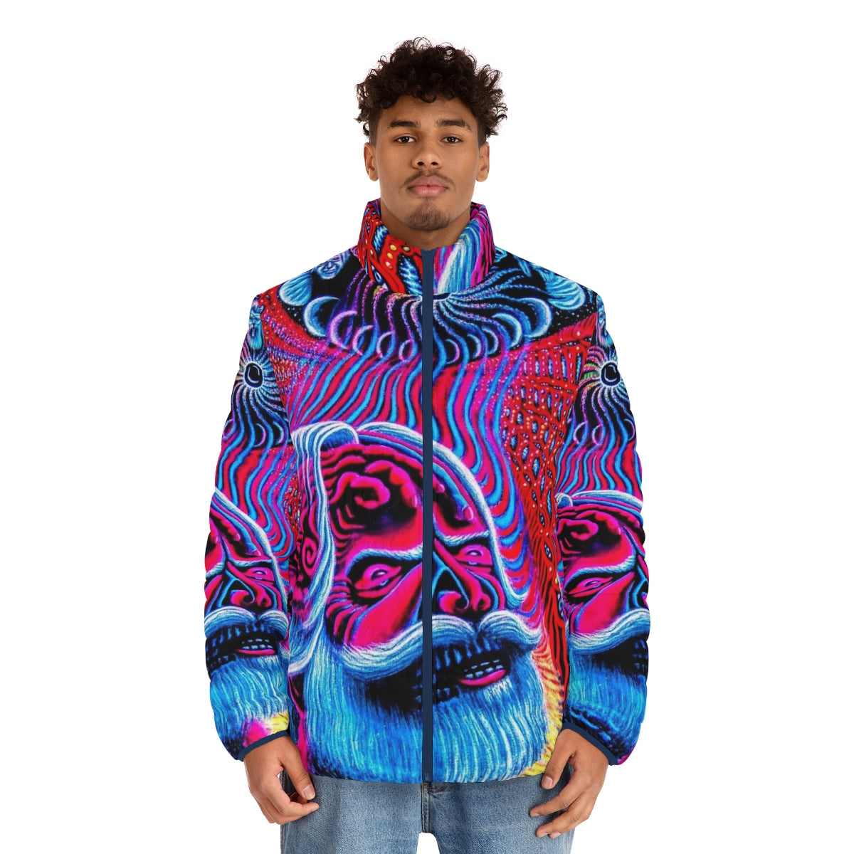 Psychedelic rock puffer jacket featuring Alex Grey's iconic artwork - men front