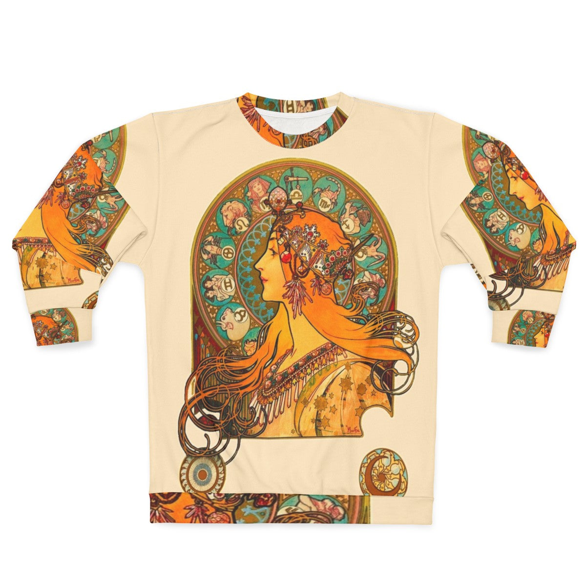 Zodiac sweatshirt with Alphonse Mucha's art nouveau style zodiac illustrations