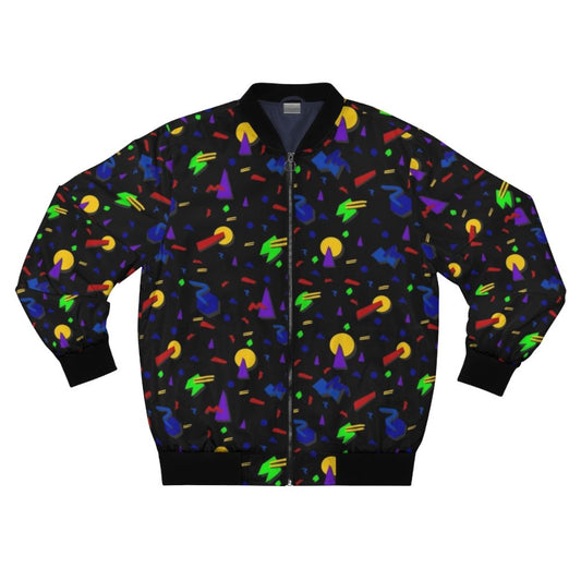 Retro 90s-style bomber jacket with a bright confetti pattern that glows under blacklight