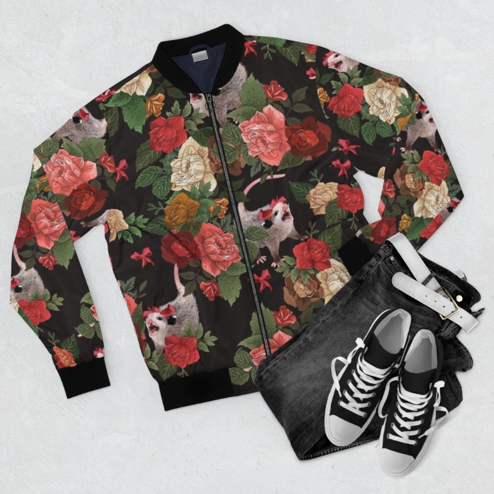A colorful and quirky bomber jacket featuring a repeating floral pattern with opossums, or possums, in a fun, meme-inspired design. - Flat lay