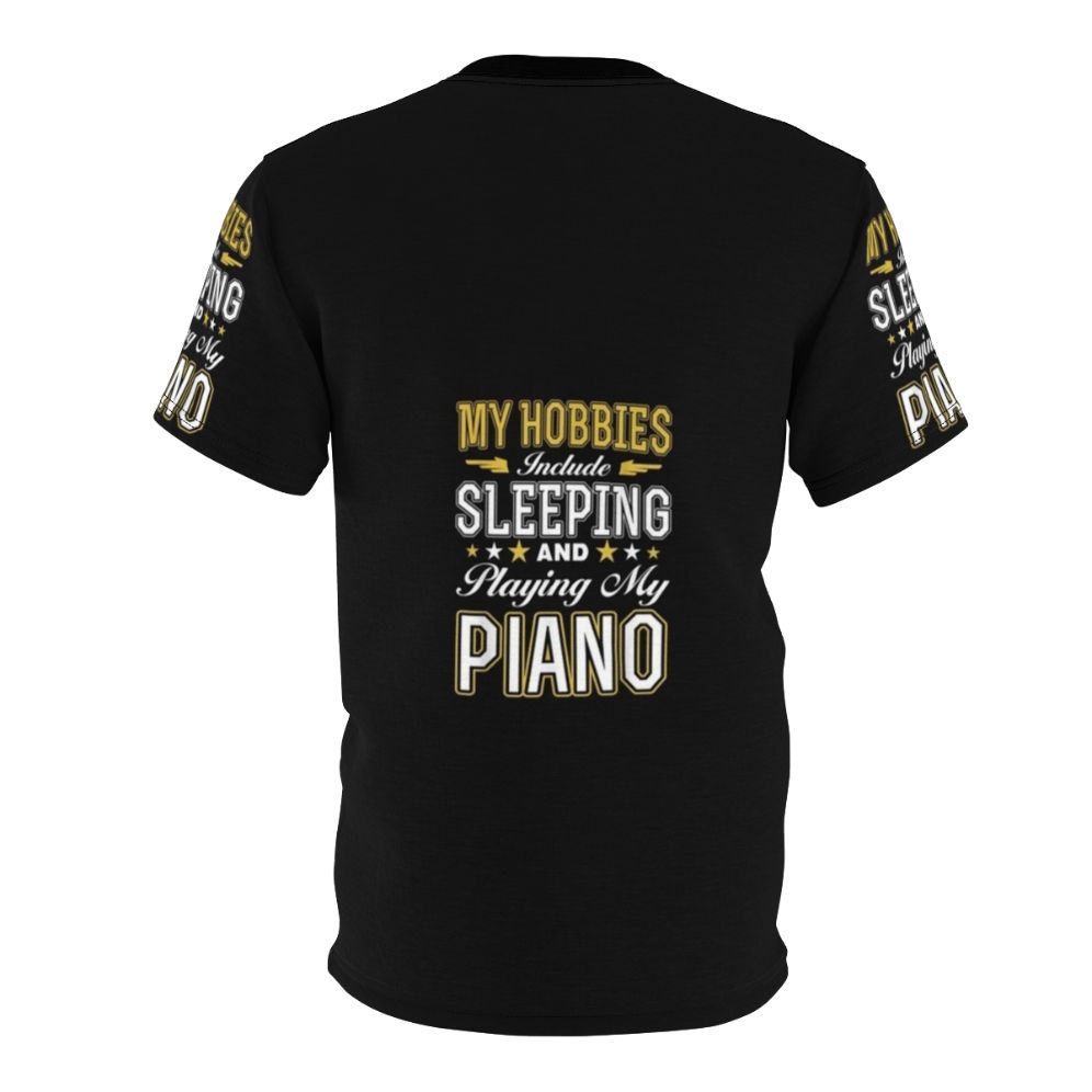 T-shirt design featuring the text "Hobbies Include Sleeping Playing Piano" with a musical note and piano keys - Back