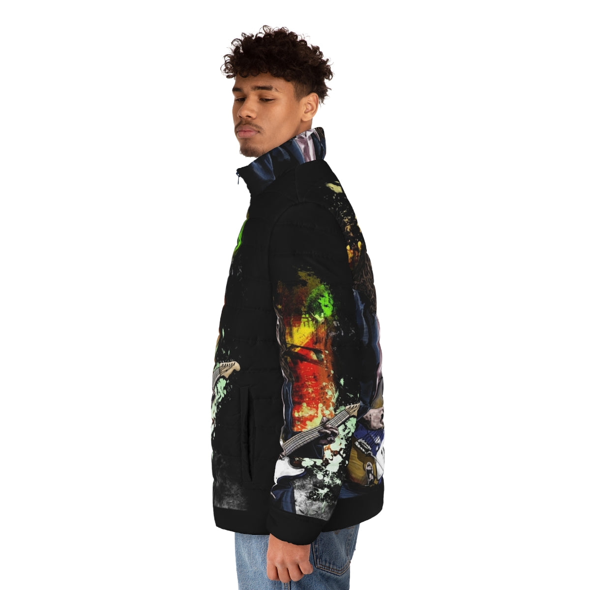 A puffer jacket featuring an illustration of John Frusciante, the legendary guitarist of the Red Hot Chili Peppers. - men side left