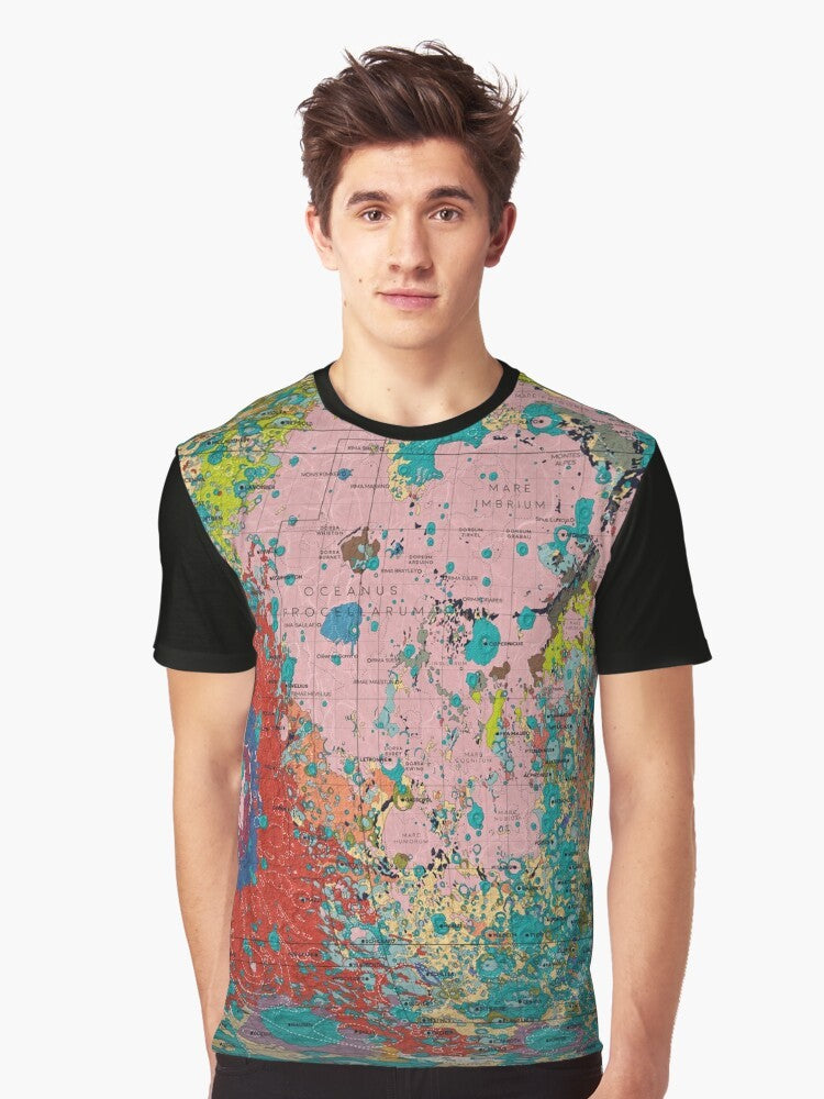 Graphic t-shirt featuring a detailed geological map of the moon, perfect for space and science enthusiasts. - Men