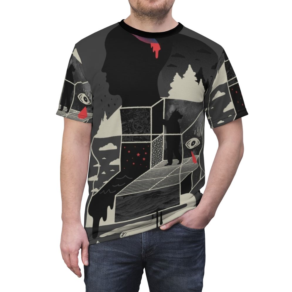 Surreal abstract t-shirt with eyes, clouds, geometric shapes, and stars - men front