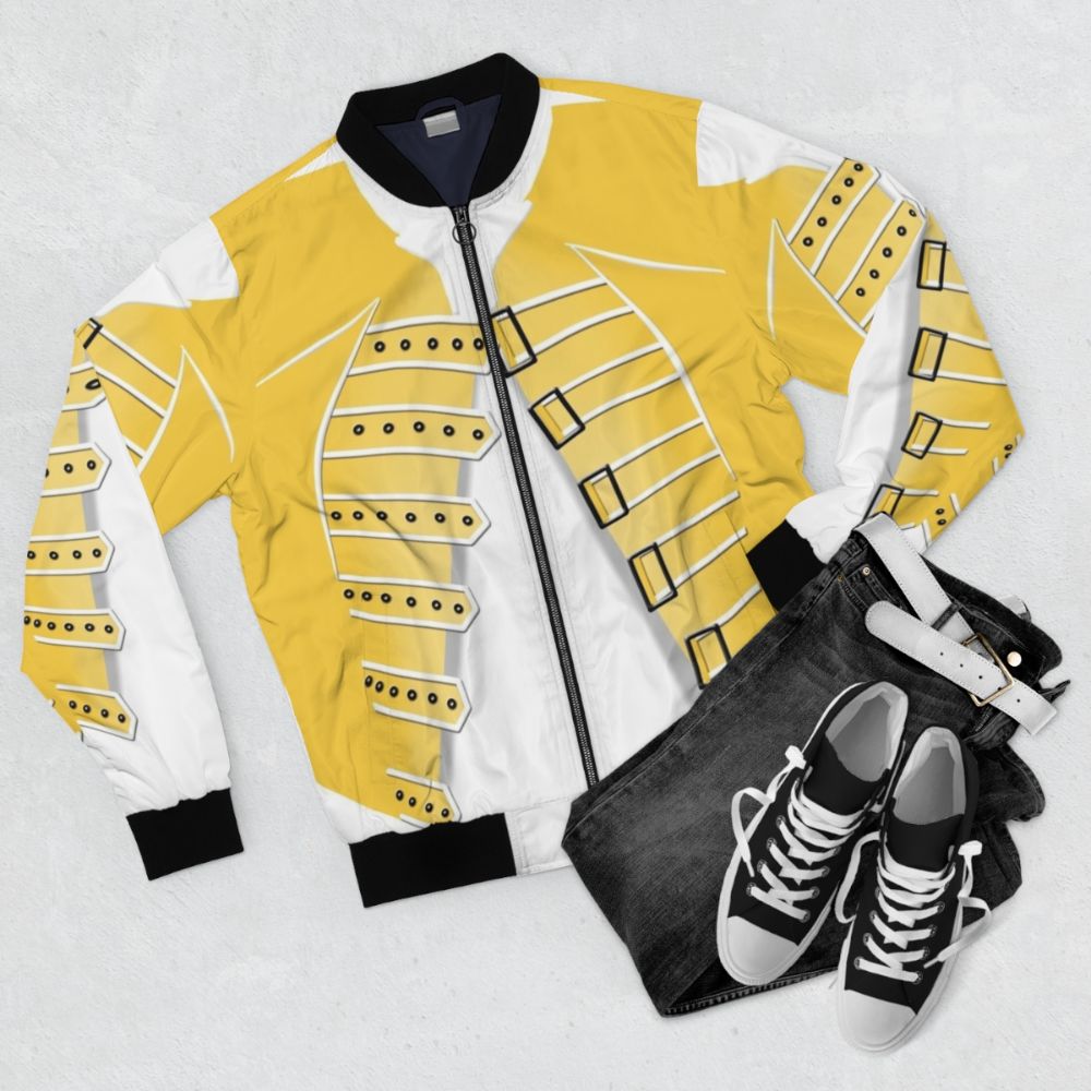 Freddie Mercury's iconic yellow bomber jacket from the 1986 Wembley Stadium concert - Flat lay