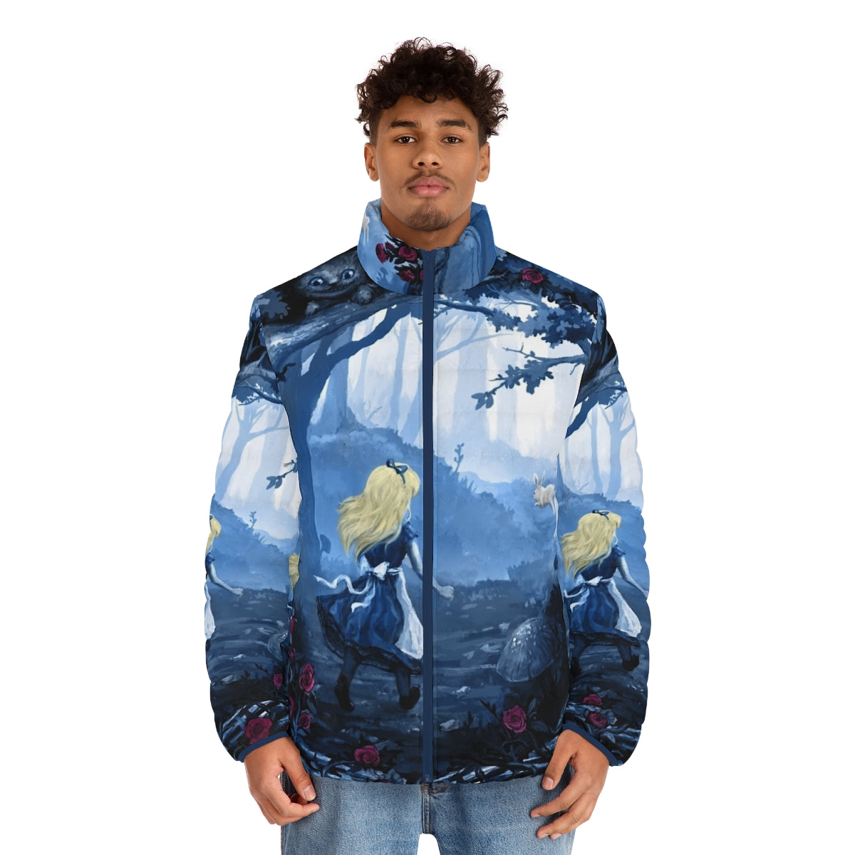 "Follow The Rabbit" puffer jacket featuring Alice in Wonderland inspired fantasy elements - men front