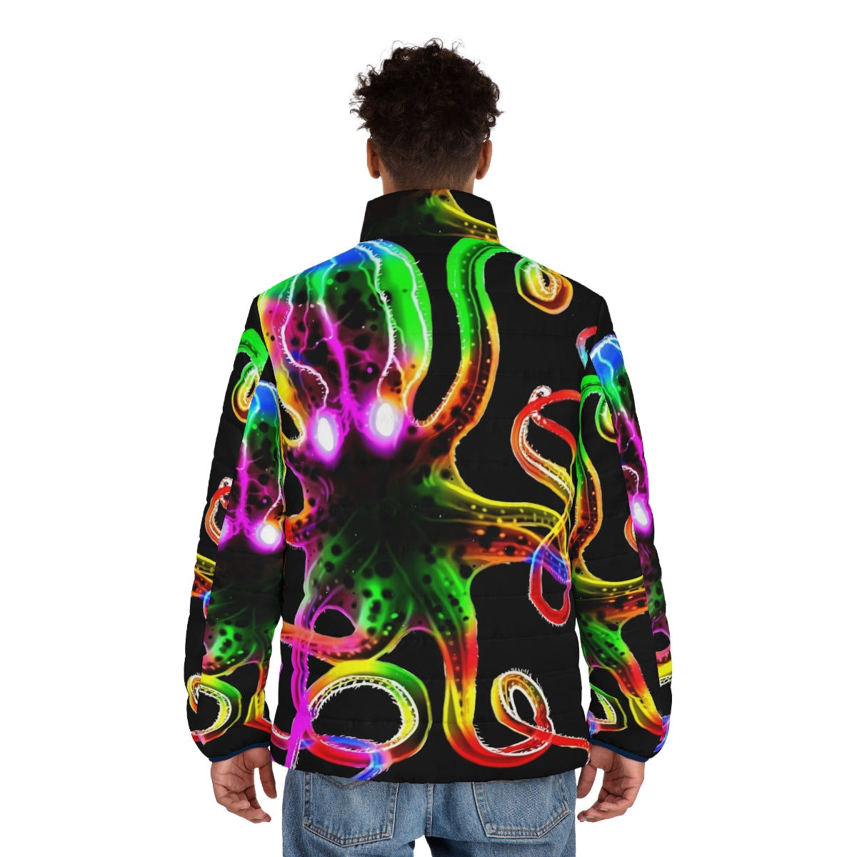 Vibrant rainbow tie-dye puffer jacket with glowing octopus design - men back