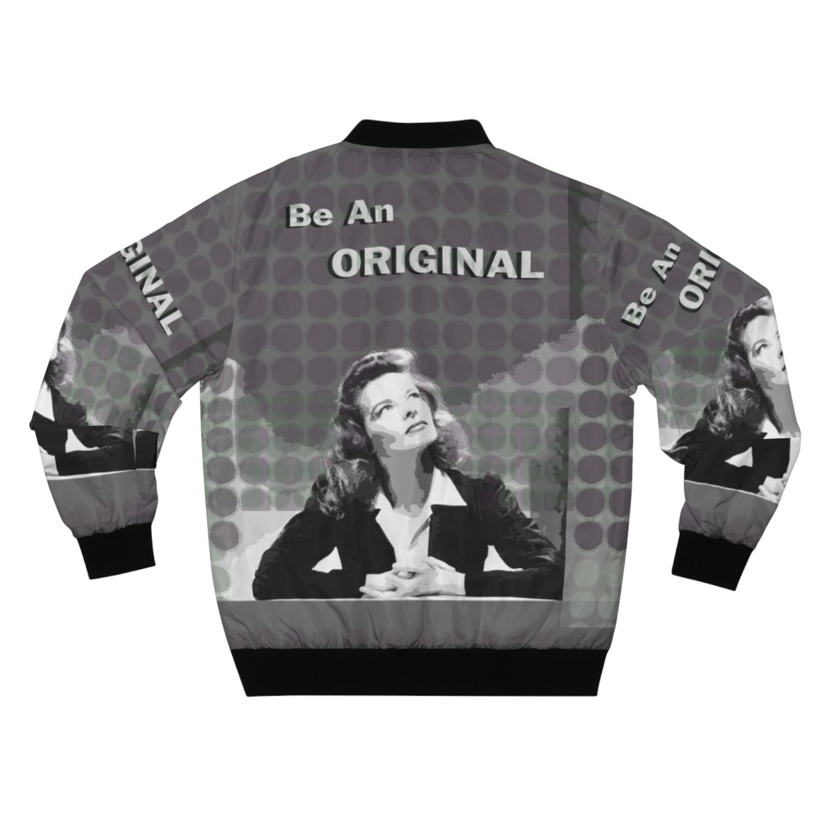 Katharine Hepburn wearing a bomber jacket, representing her unique and empowering fashion style. - Back